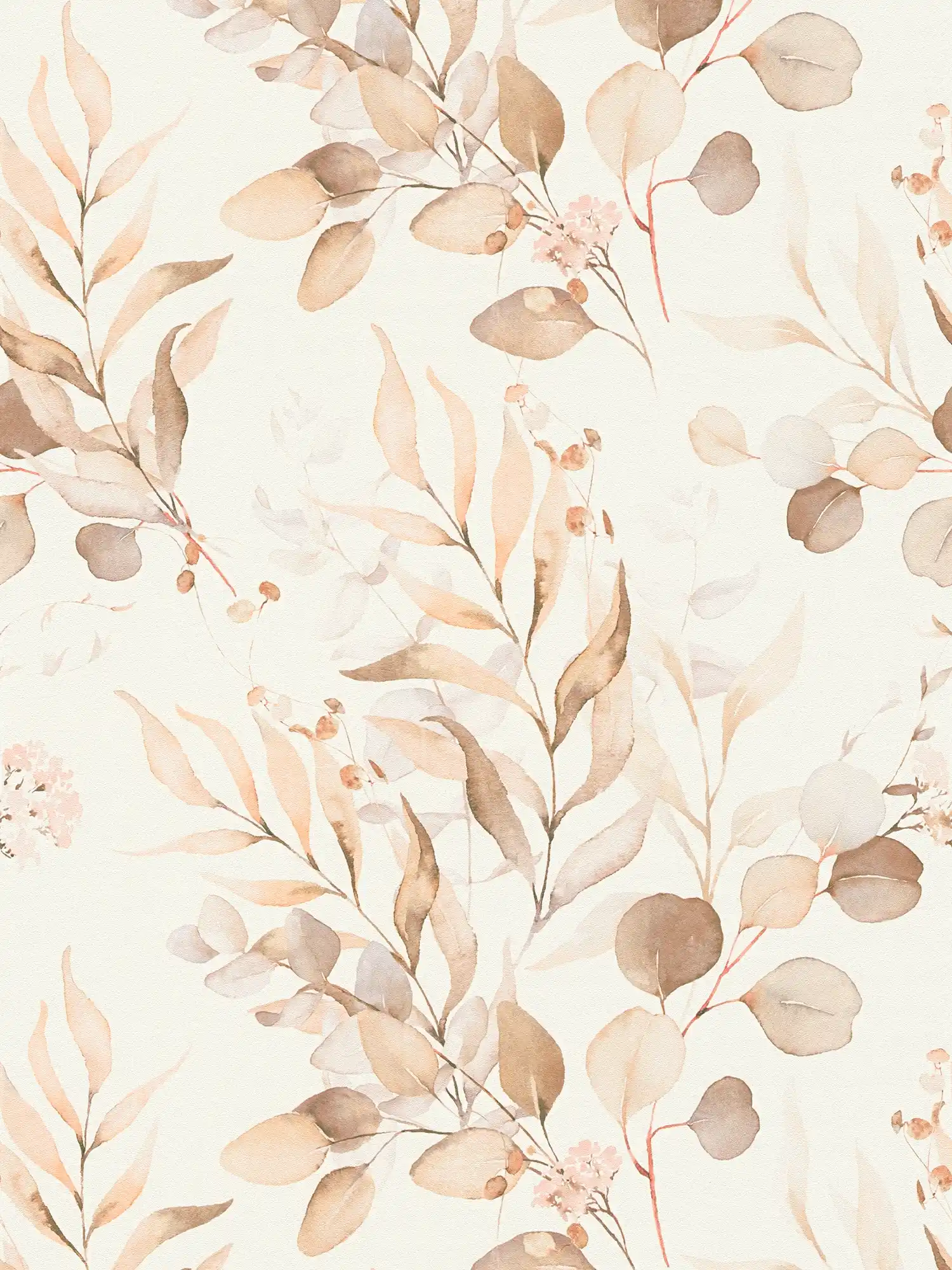 Non-woven wallpaper with watercolour leaf motif in warm tones - cream, beige
