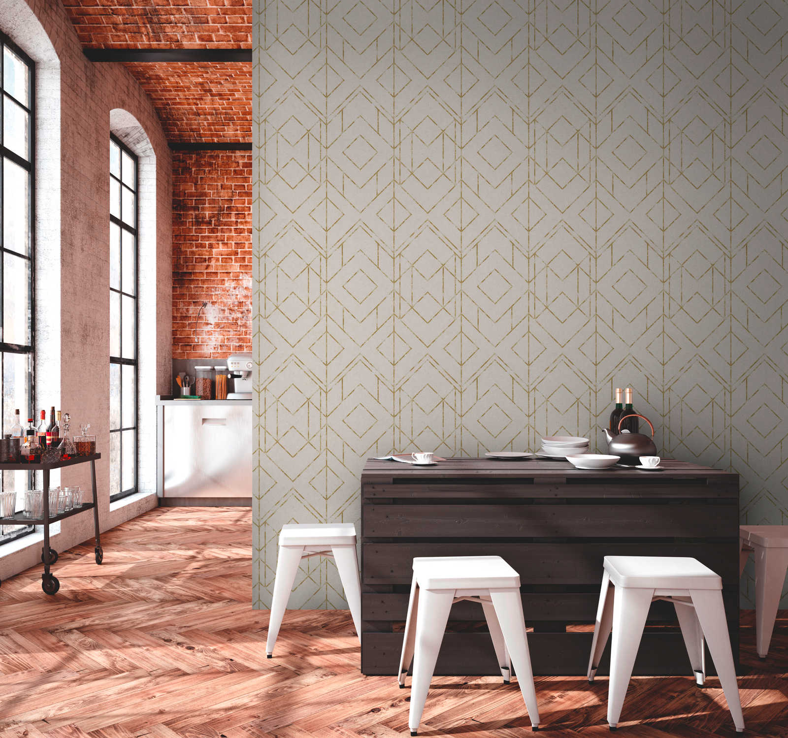             Non-woven wallpaper with metallic effect & graphic design - beige, metallic
        