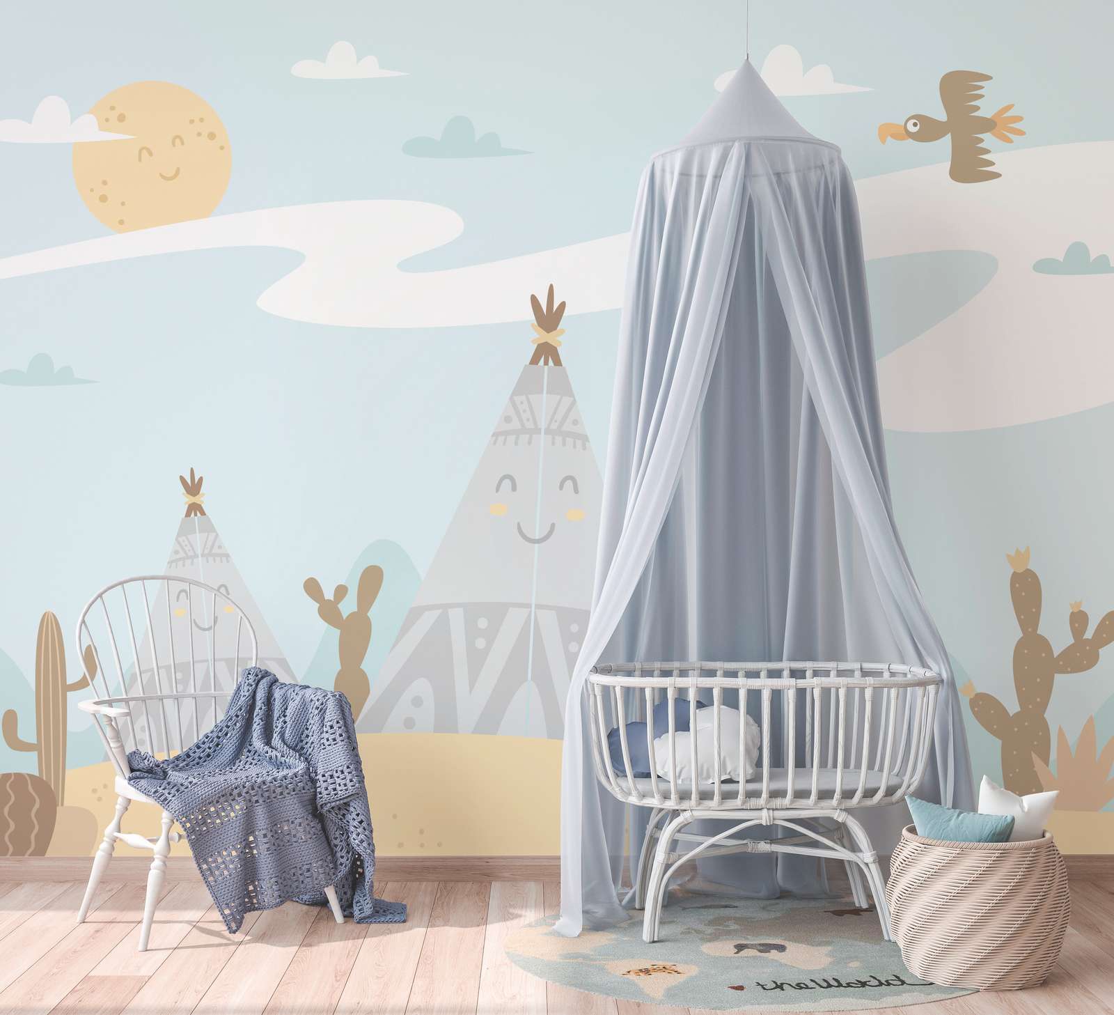             Kinderkamer Onderlaag behang Woestijn met Tippies en Cactussen - Blauw, Geel, Bruin
        
