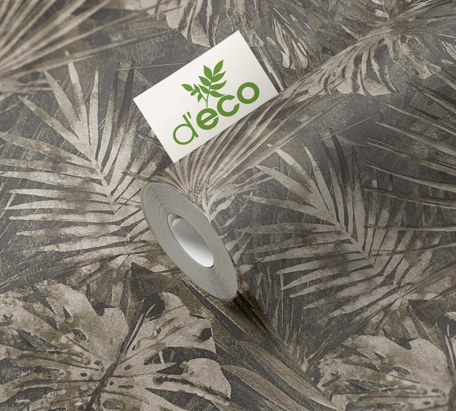             Jungle behang met tropisch bladmotief PVC-vrij - bruin, beige, antraciet
        