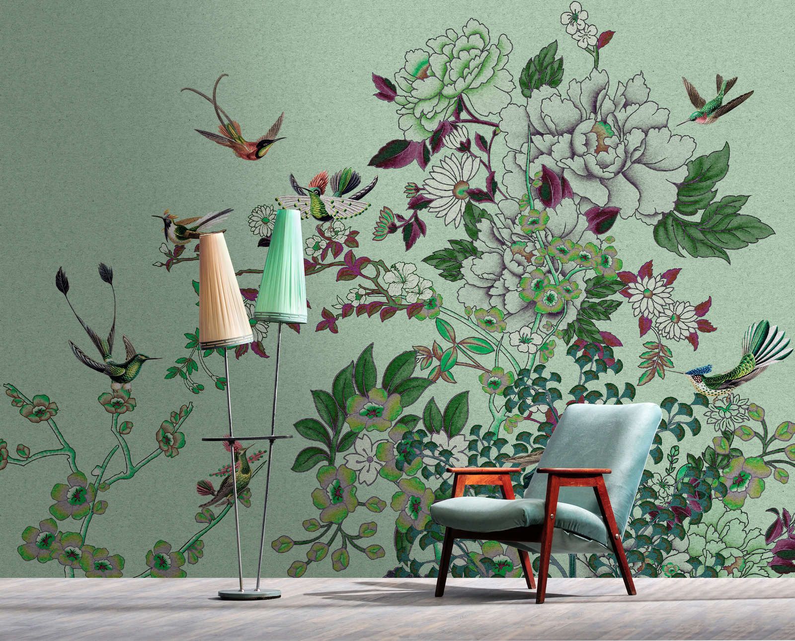             Photo wallpaper »madras 1« - Green blossom motif with birds on kraft paper texture - Smooth, slightly shiny premium non-woven fabric
        