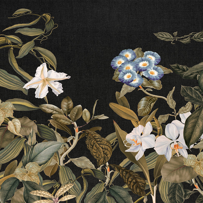 Papier peint Botanical avec motif d'orchidées et de feuilles - vert, noir, bleu
