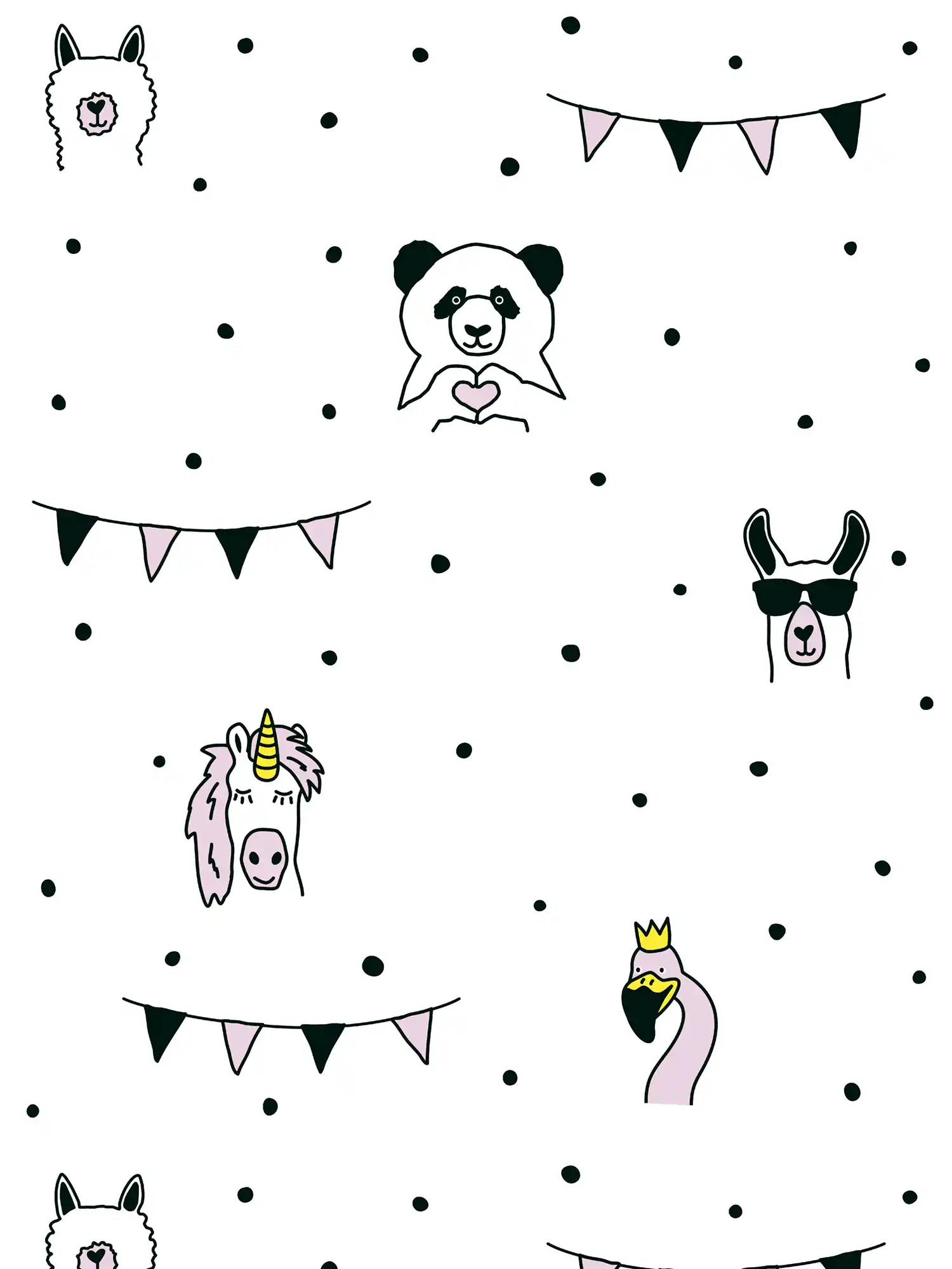 Children wallpaper with animal & dot pattern - pink, black, white
