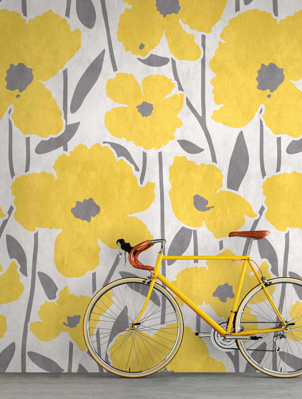             Flower Market 4 - flowers mural yellow & grey with plaster effect
        