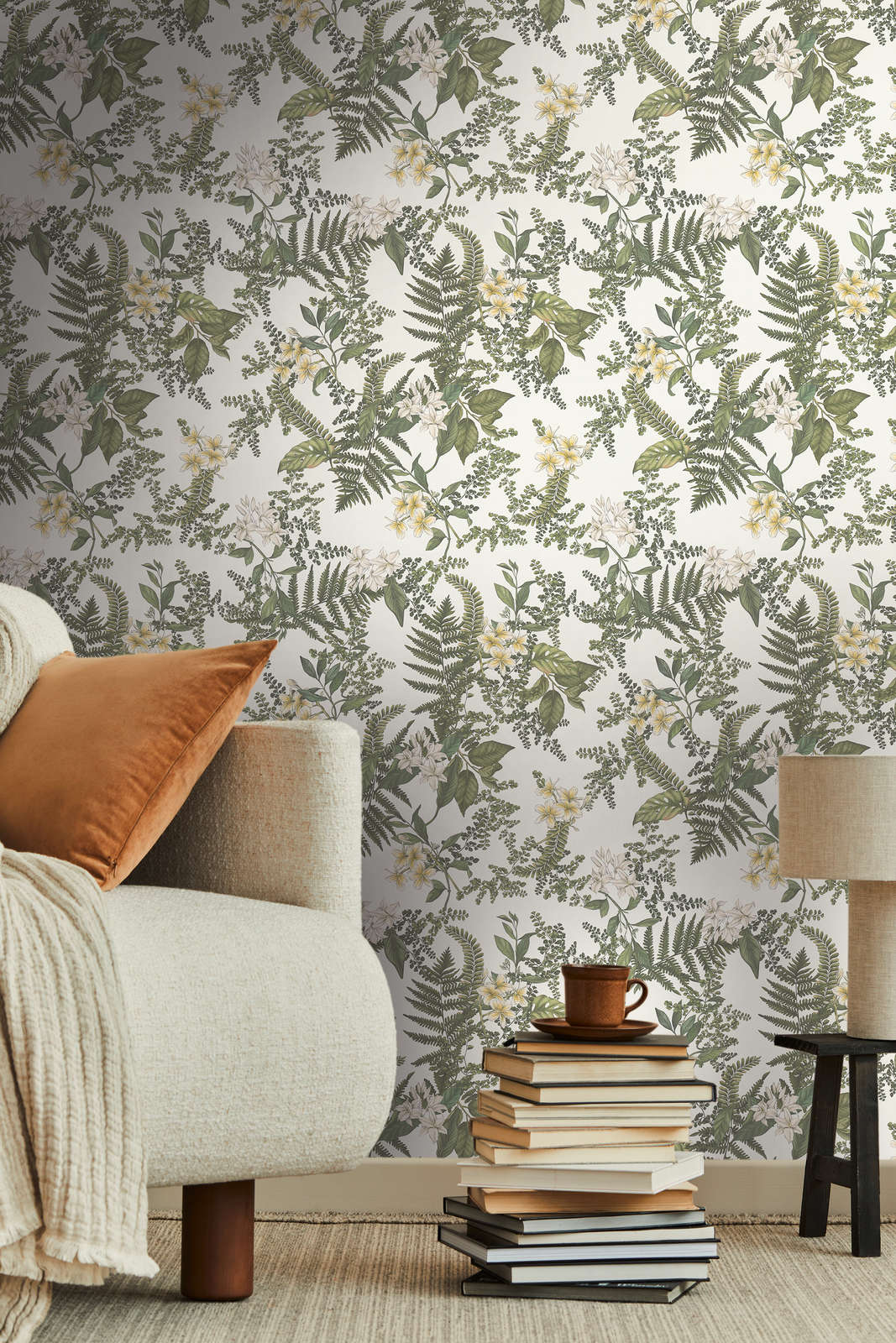             Floral wallpaper modern with flowers & grasses textured matt - white, dark green, yellow
        