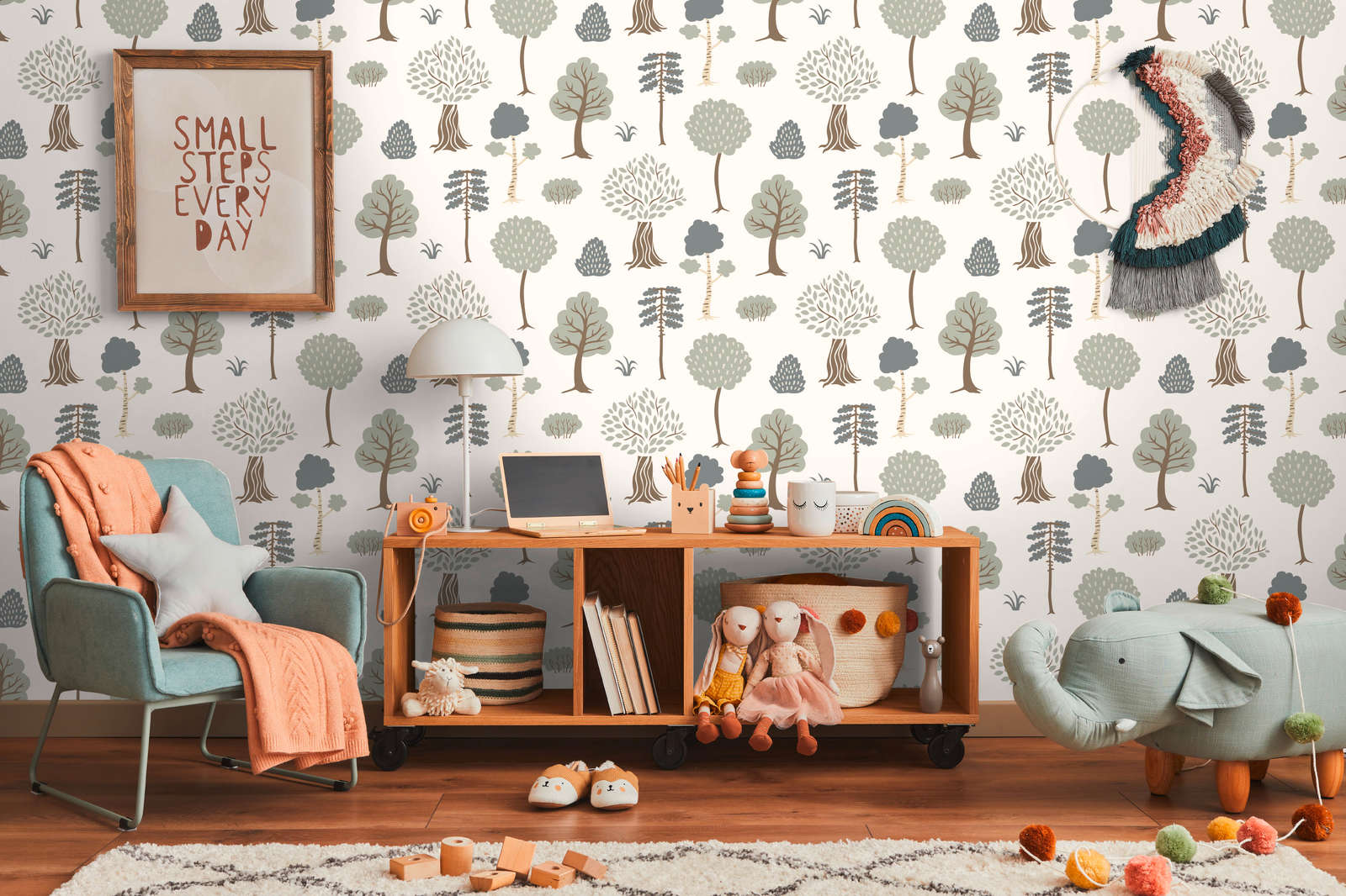             Non-woven wallpaper with minimalist forest motif with trees - cream, green, brown
        