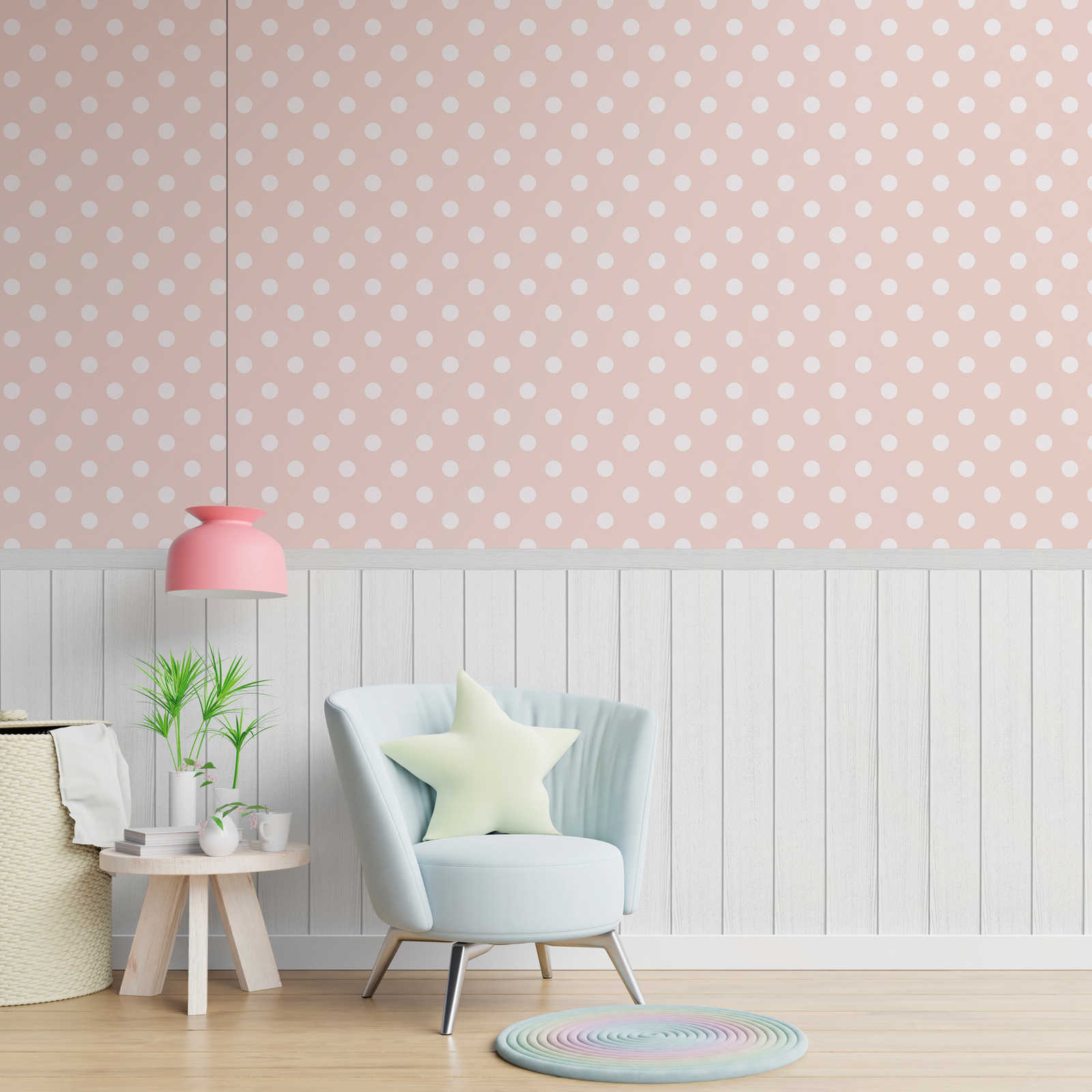 Non-woven motif wallpaper with wood-effect plinth border and dot pattern - white, grey, pink
