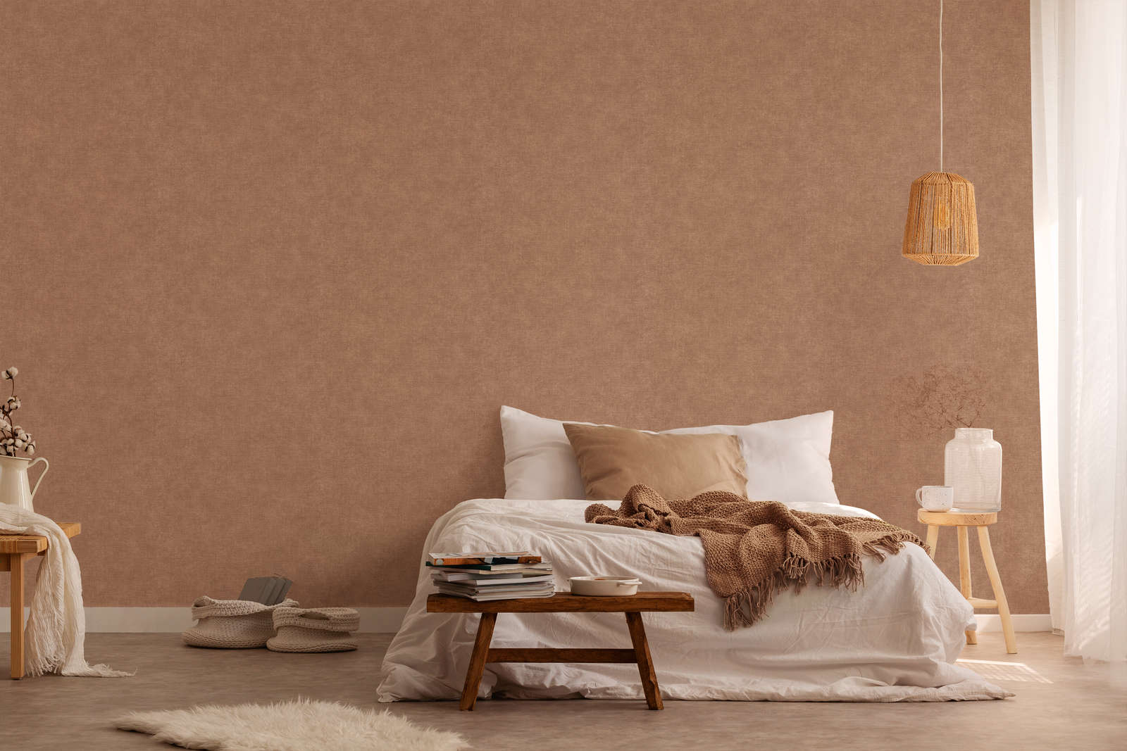             Non-woven wallpaper in plaster look, single-coloured - brown, orange
        