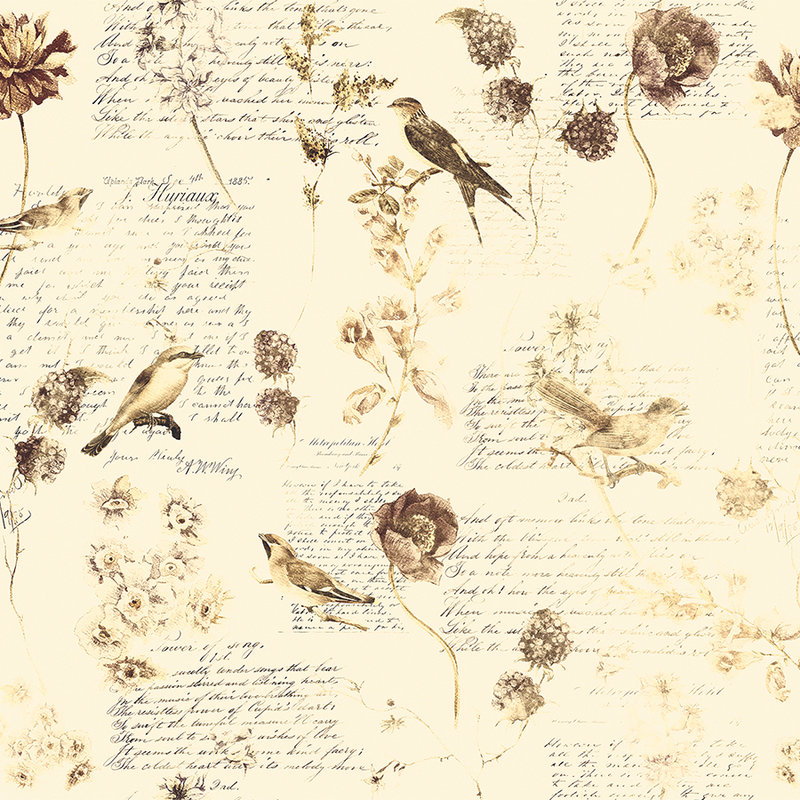 Papier peint panoramique romantique avec fleurs & décor manuscrit - crème, marron, beige
