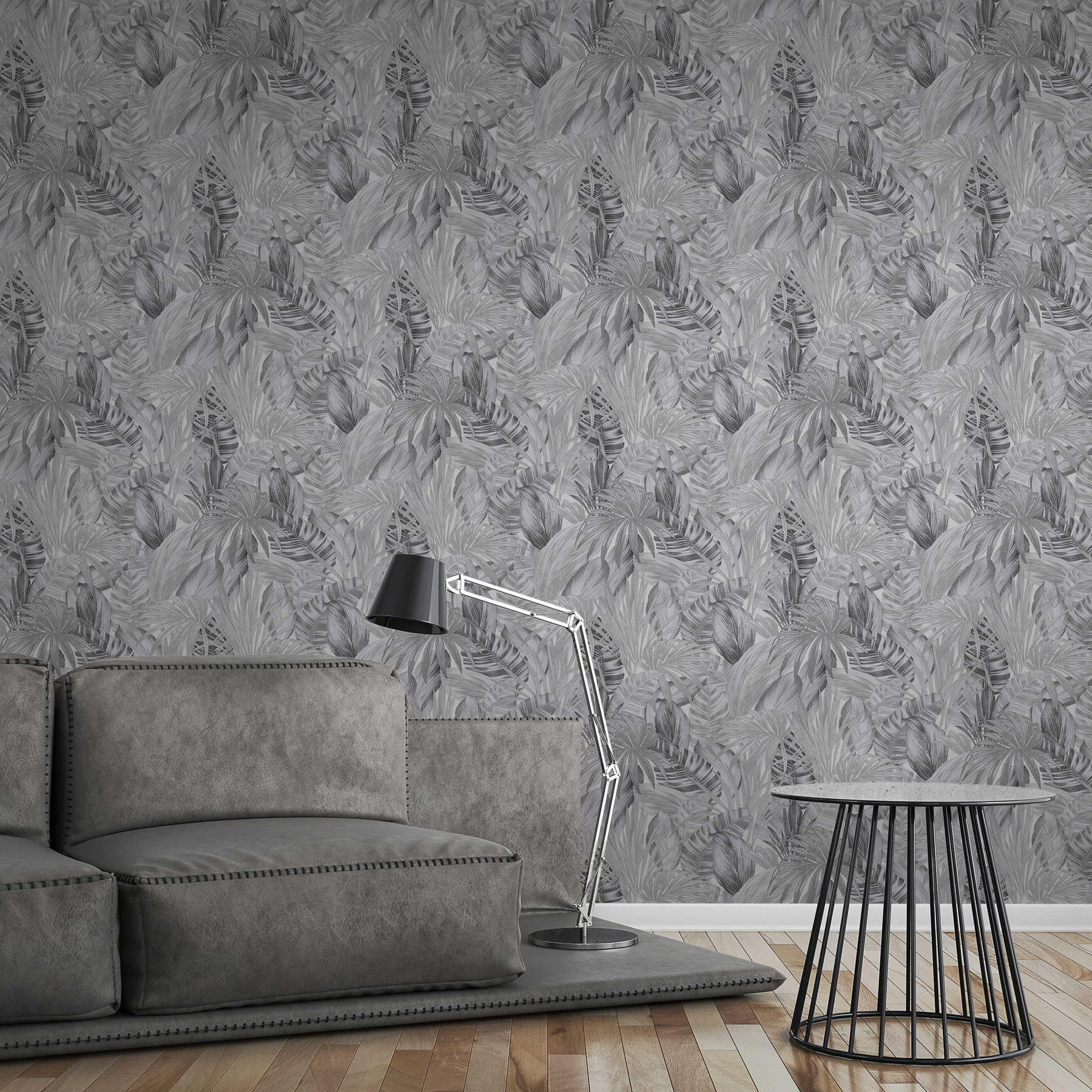             Pattern wallpaper with leaf motif in drawing style - black, white, grey
        