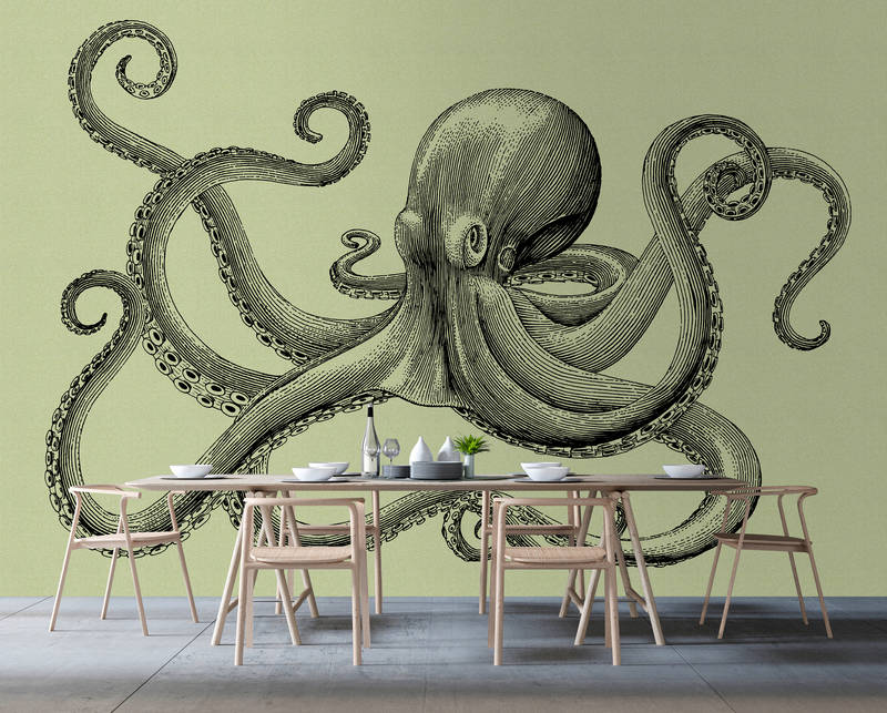             Jules 3 - Octopus Wallpaper Sketch Style & Vintage Look- Cardboard Texture - Green, Black | Pearl Smooth Non-woven
        