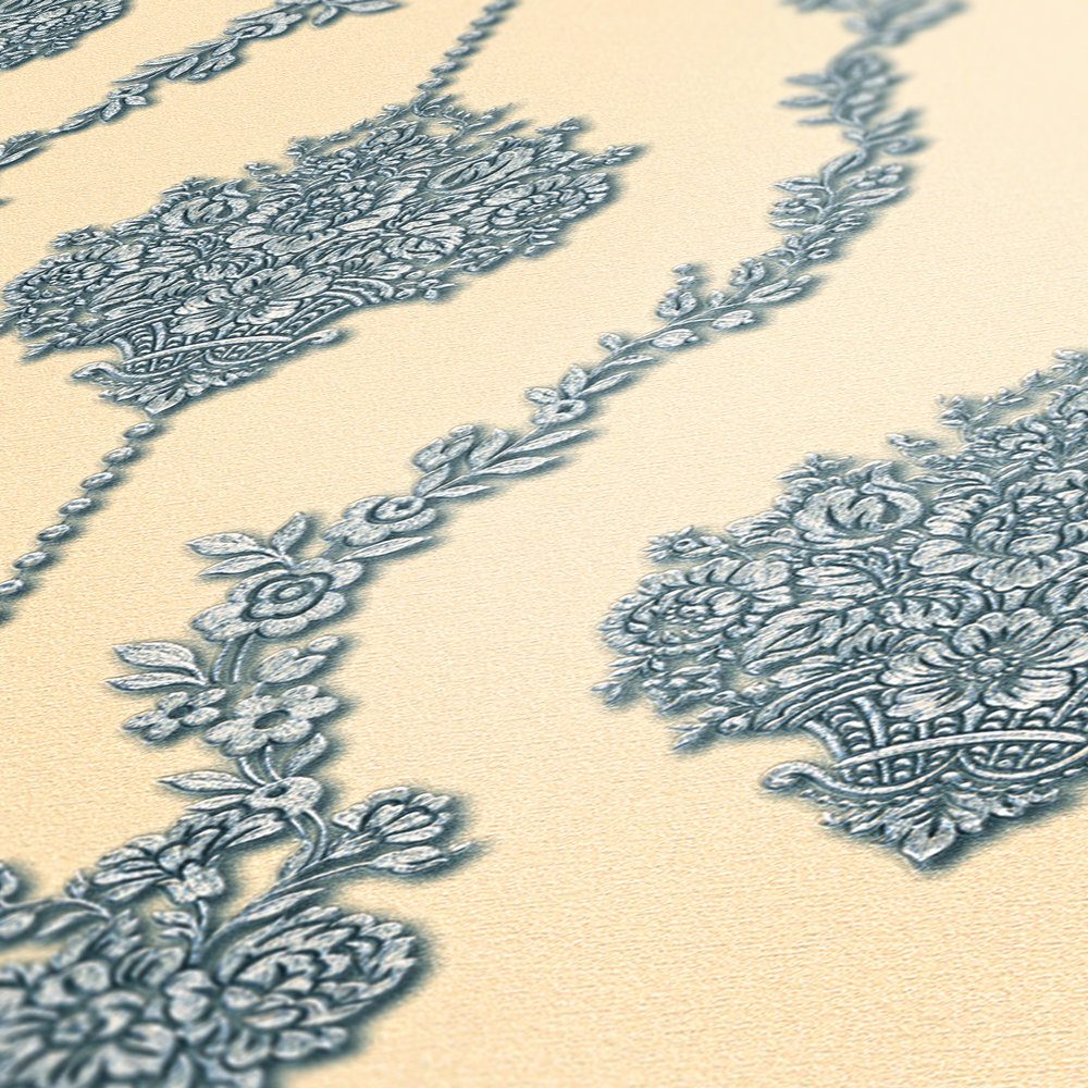             Papel pintado no tejido adornos de plata con decoración floral - beige
        