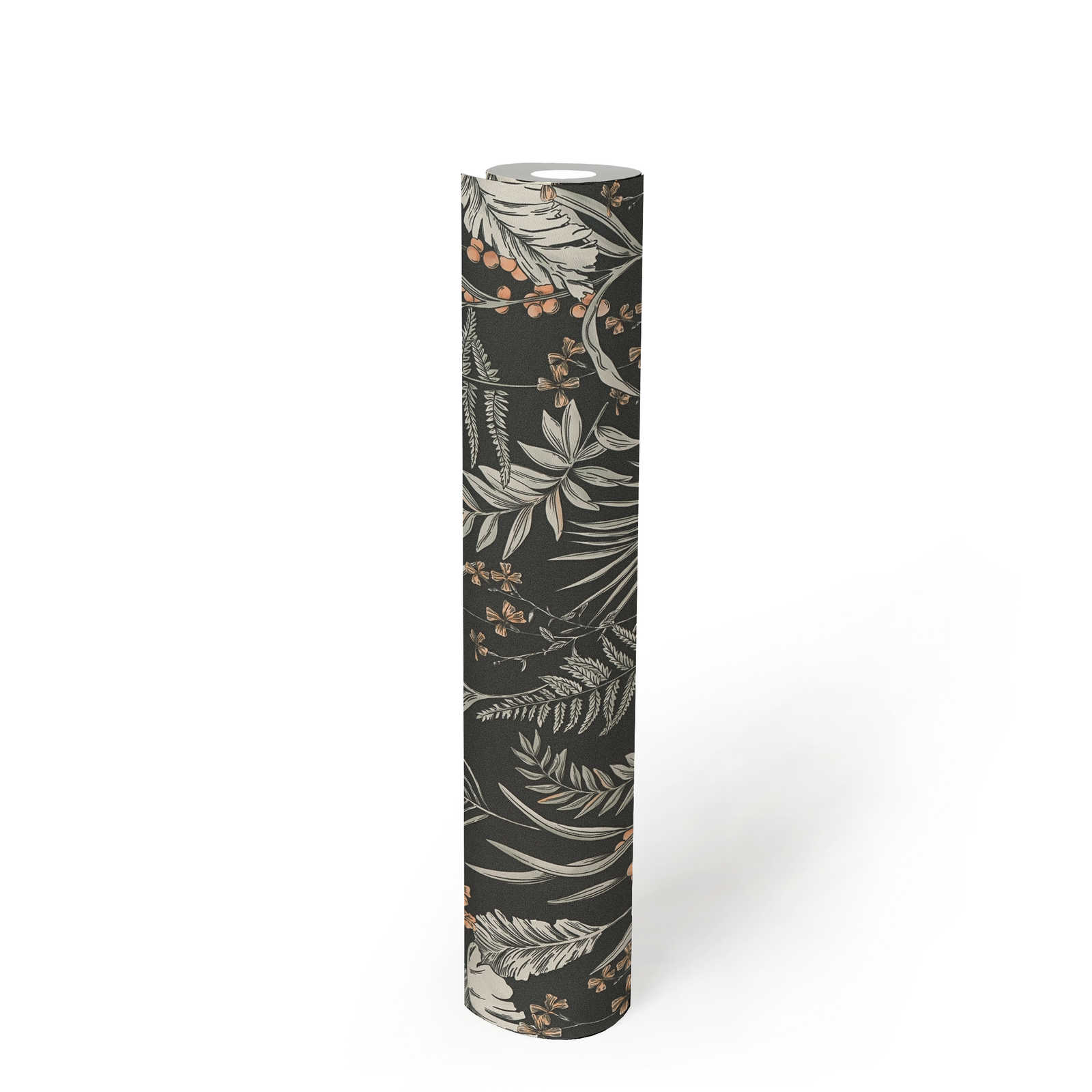             Floral wallpaper in modern style with flowers & leaves textured - Black, White, Orange
        