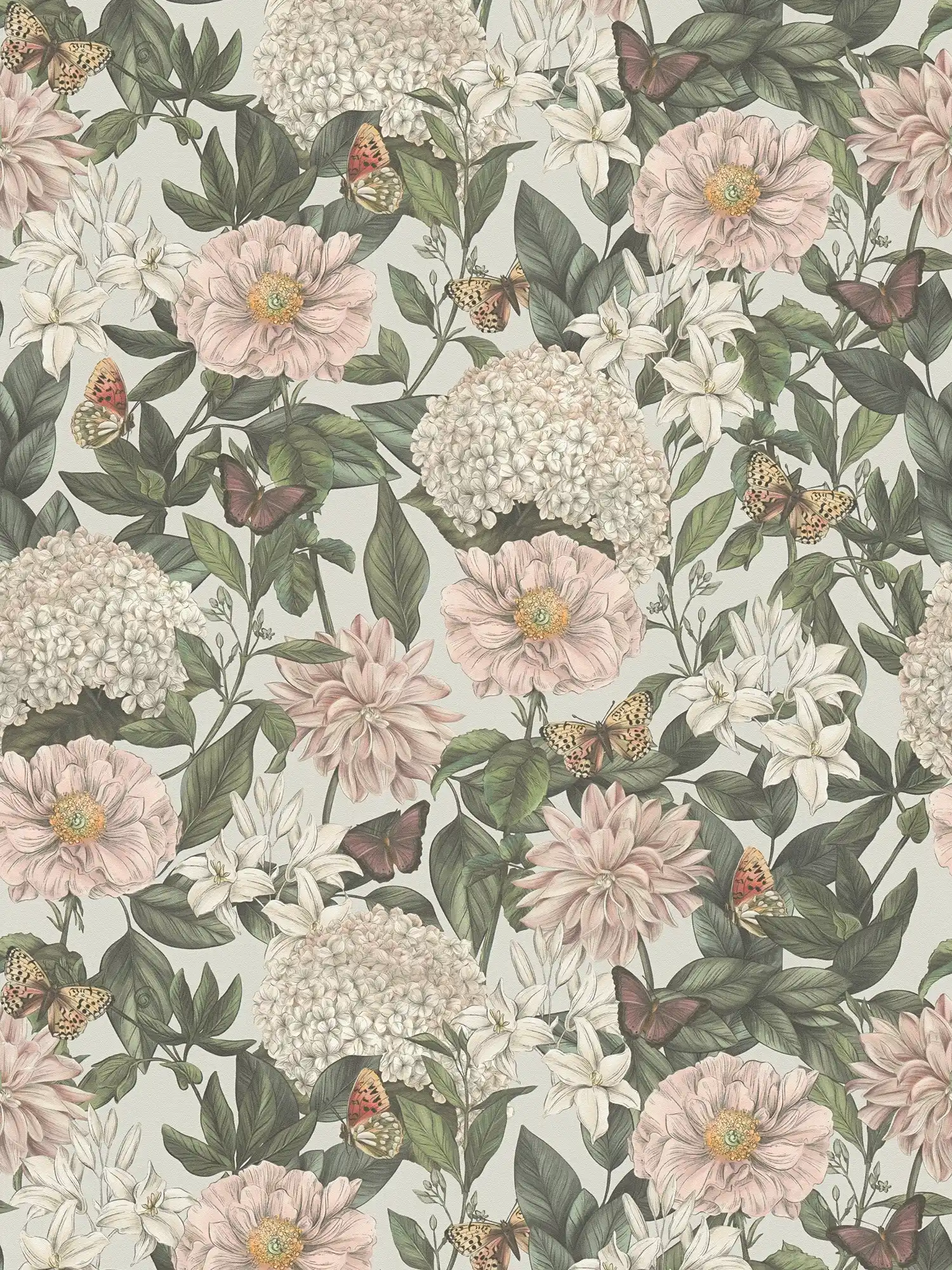 Modern wallpaper floral with animals & flowers textured matt - light grey, white, dark green
