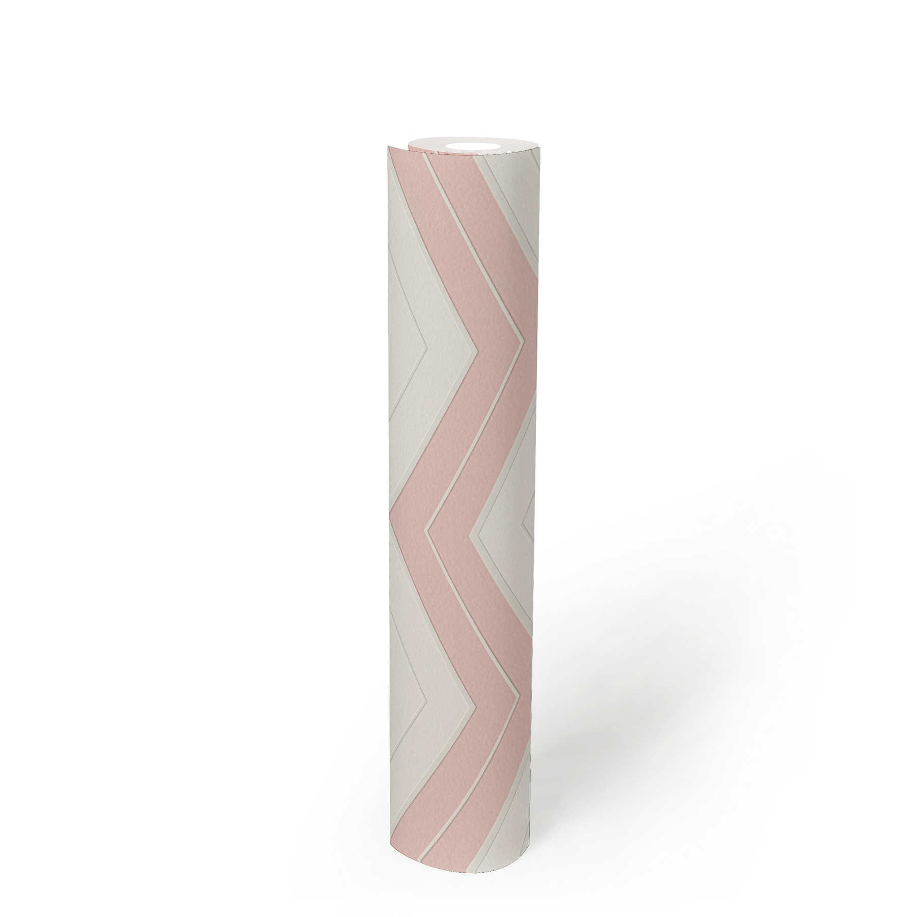             Papier peint à rayures transversales avec lignes en zigzag - rose, blanc
        