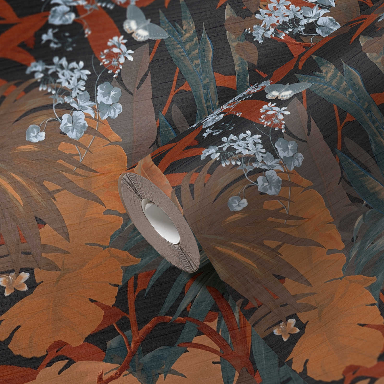             Papel pintado selva con motivo de hojas - naranja, azul
        