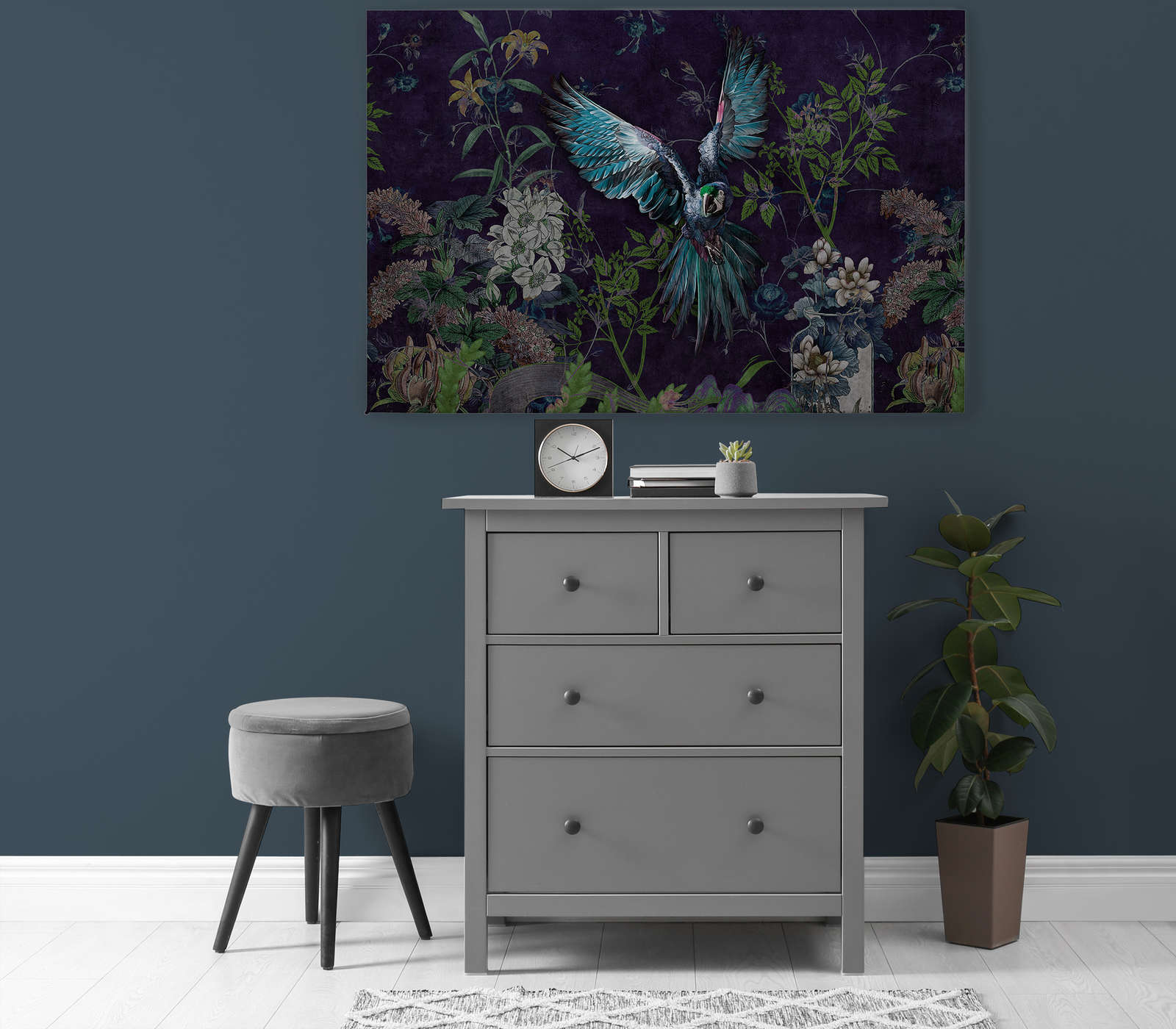             Tropical Hero 2 - Perroquet toile fleurs & fond noir - 1,20 m x 0,80 m
        