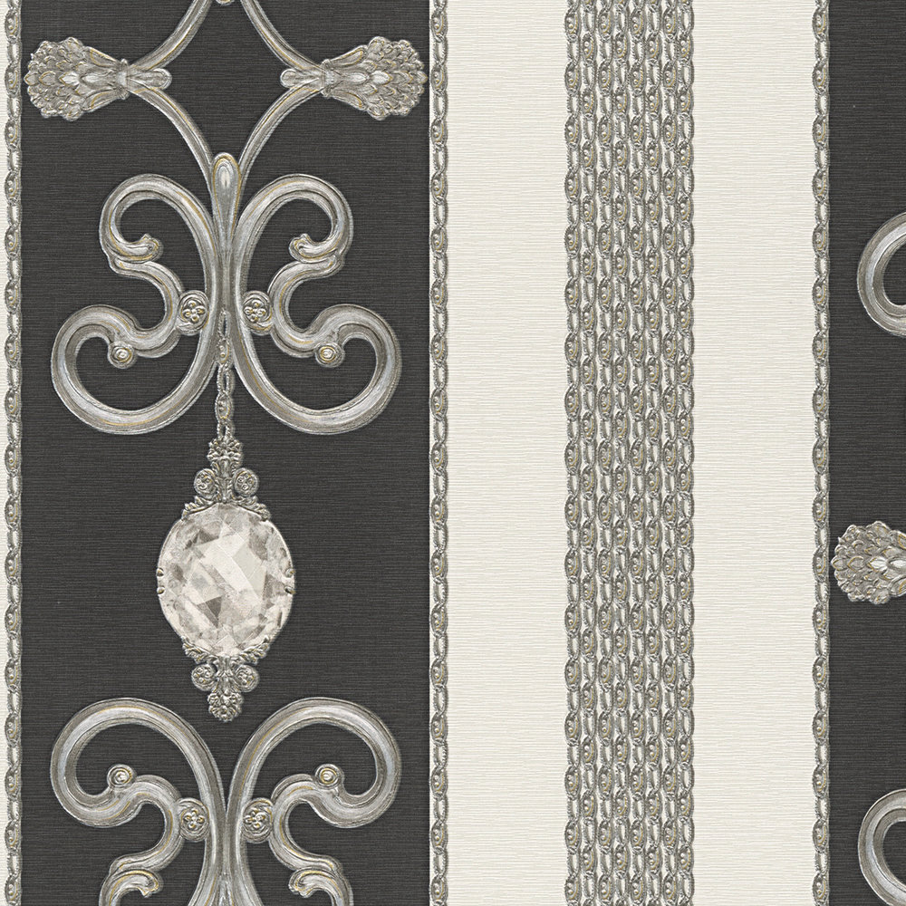             Luxury wallpaper with metallic stripes & ornaments - black
        