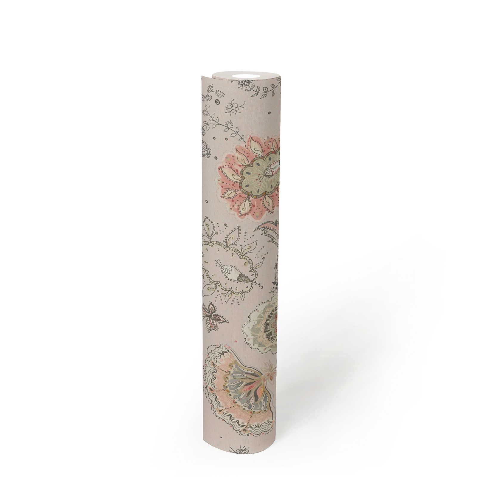             Floral wallpaper with abstract floral pattern & fine structure - grey, beige, red
        