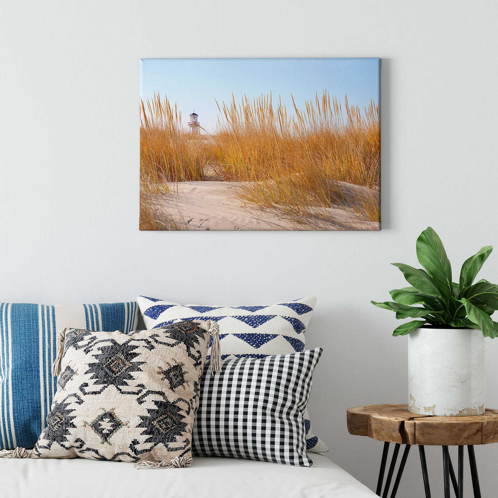             Canvas print beach with lighthouse – yellow, beige
        