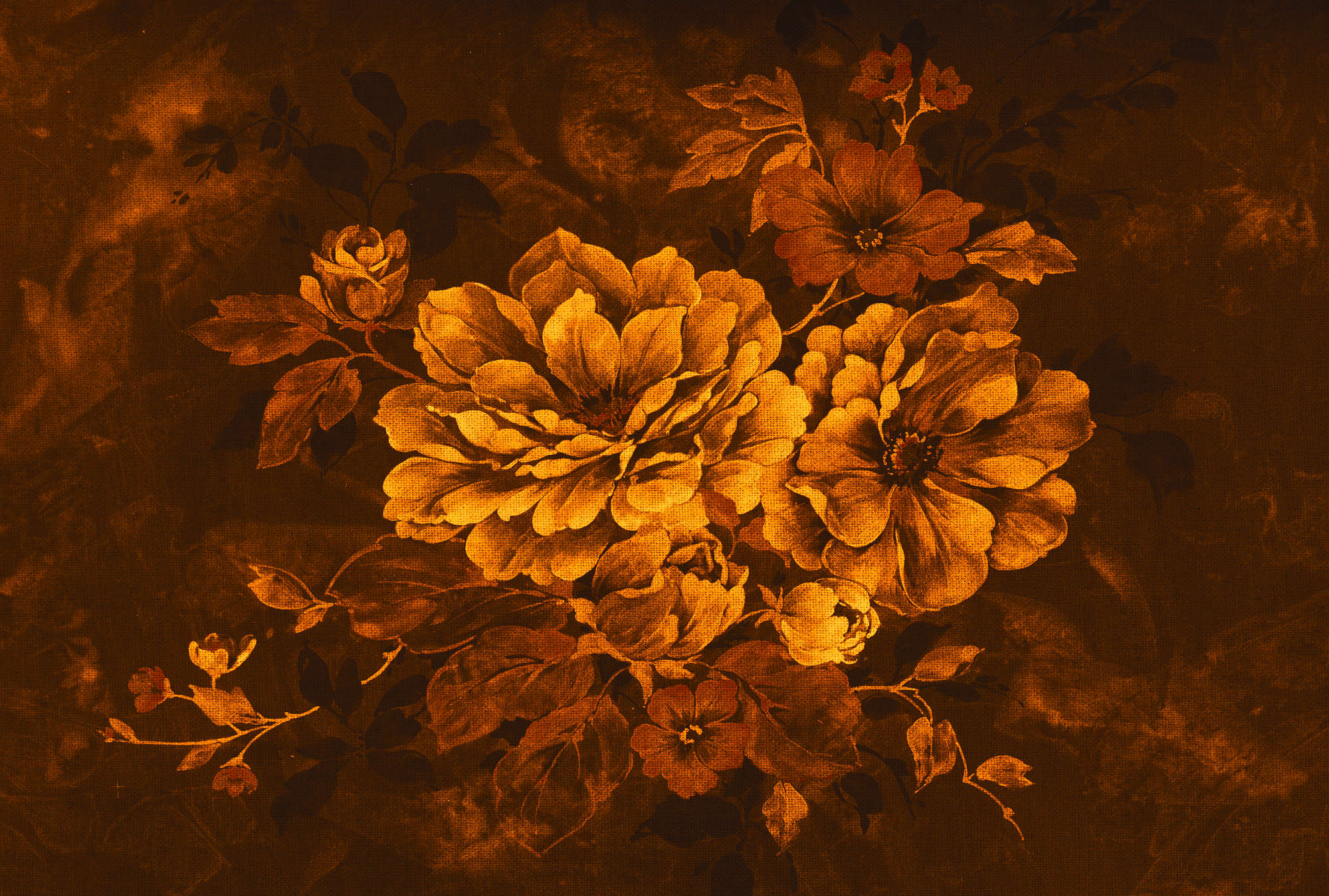             Papier peint fleuri style peinture à l'huile, design vintage - orange, noir, jaune
        