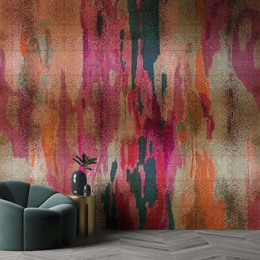 Photo wallpaper »marielle 2« - Colour gradients violet, orange, petrol with mosaic structure - Lightly textured non-woven fabric
