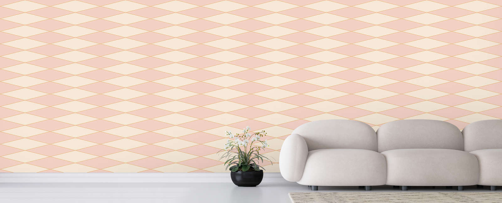             Papier peint panoramique losange style rétro des années 70 - rose, crème, orange | Intissé lisse mat
        
