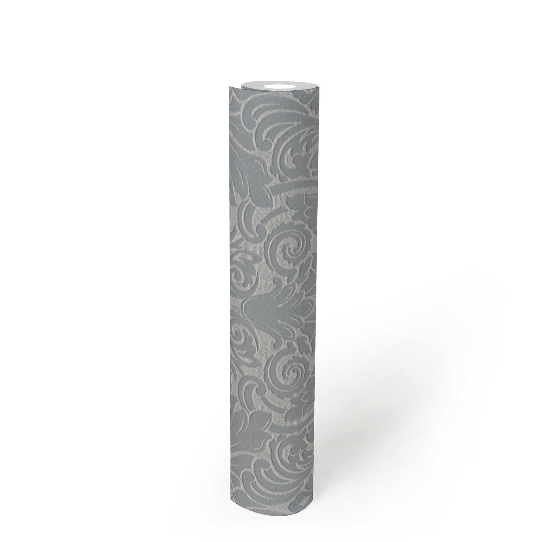             Carta da parati barocca metallizzata con struttura 3D in rilievo - grigio
        