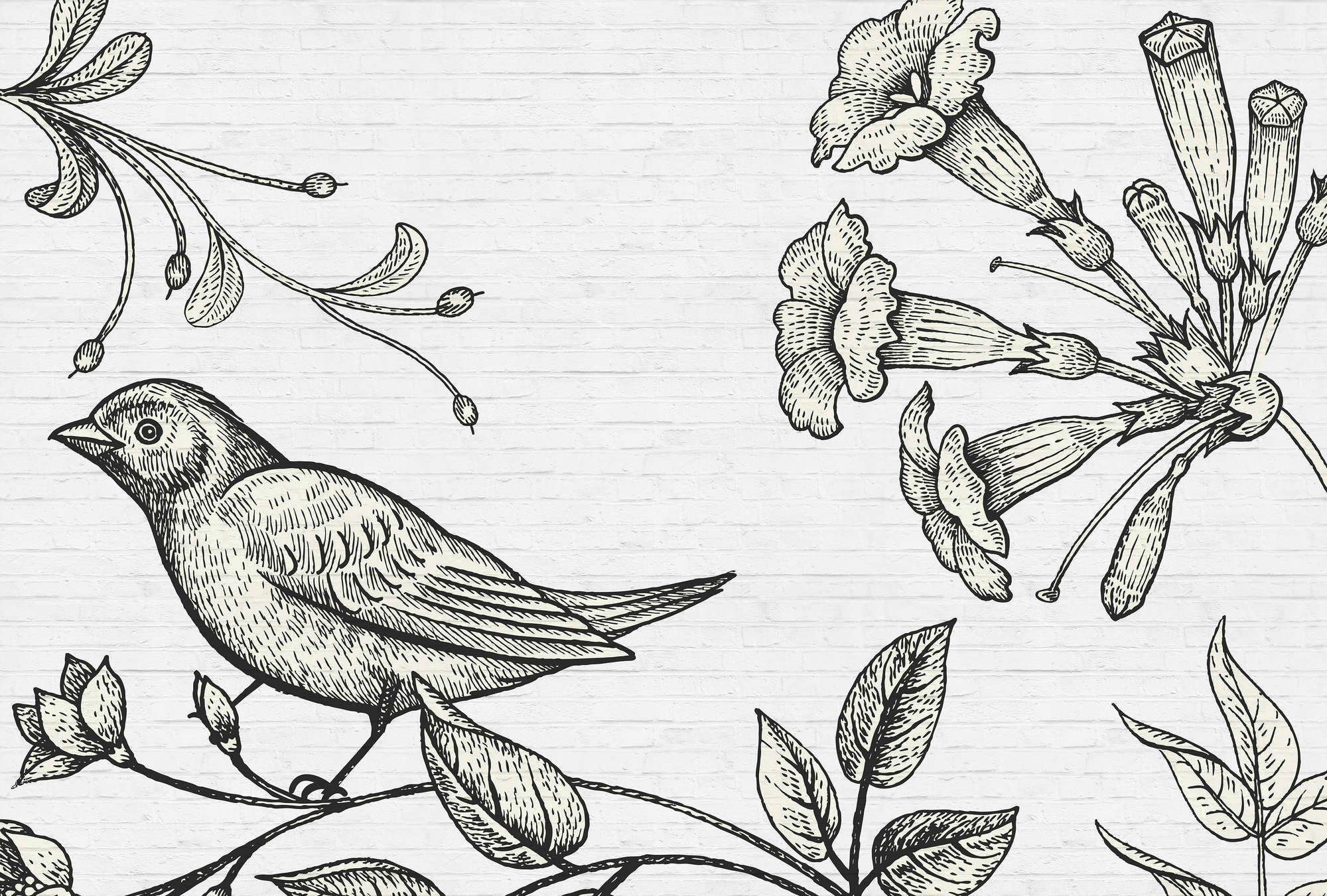             Papier peint panoramique mur de pierre avec oiseau & fleurs graphiques
        