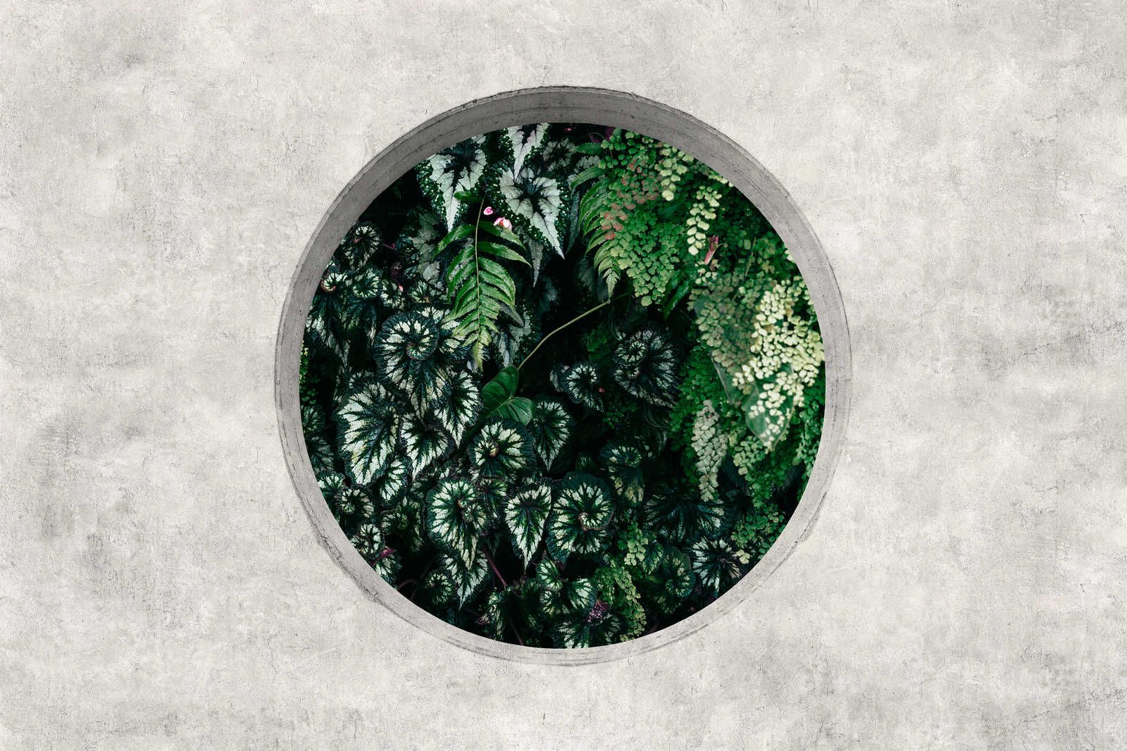             Deep Green 1 - Canvas painting Window Round with Jungle Plants - 0,90 m x 0,60 m
        