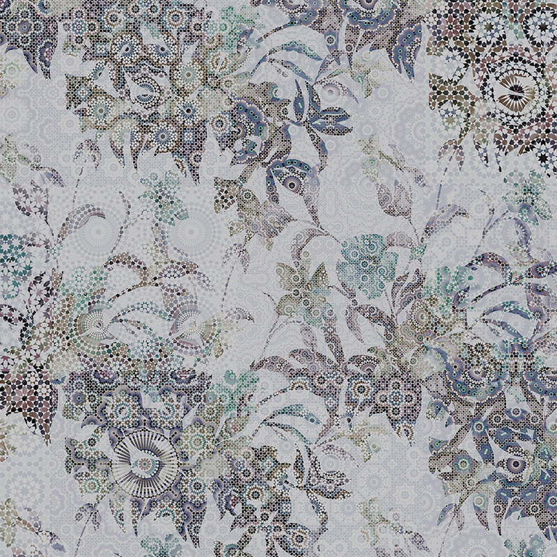 Papel pintado de mosaico con patrón de hojas florales en gris
