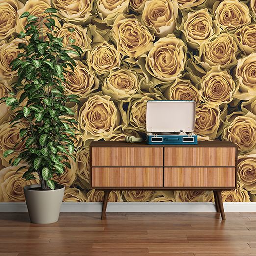 Retro decor with record player in front of roses photo wallpaper with yellow flowers DD115083