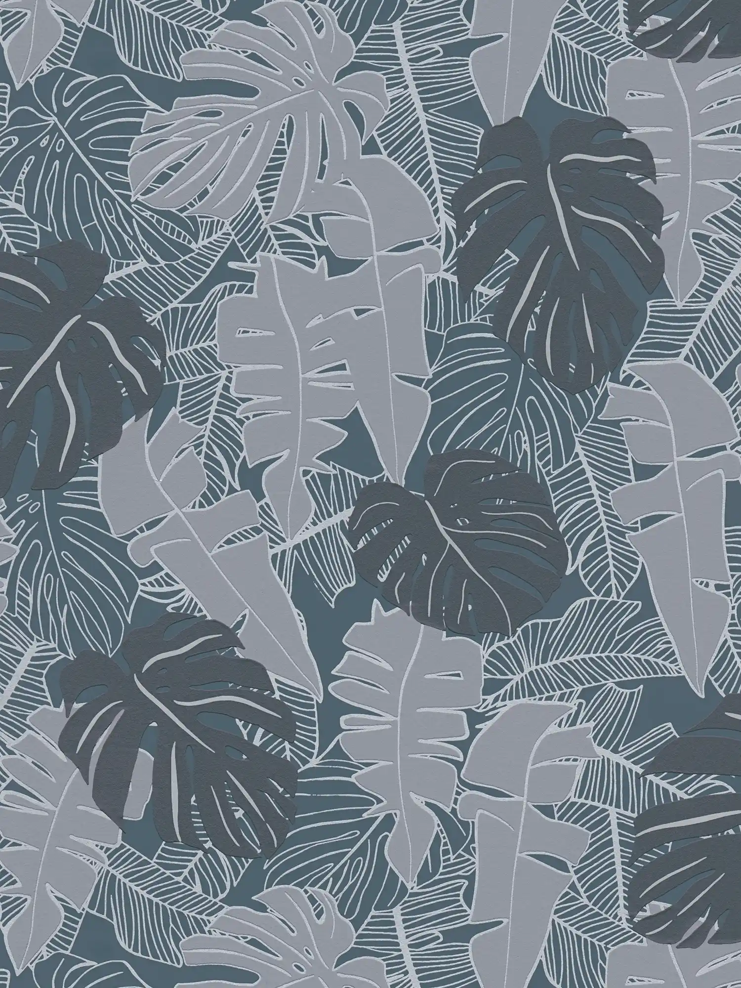 Jungle pattern wallpaper with banana leaves & metallic effect - black, grey

