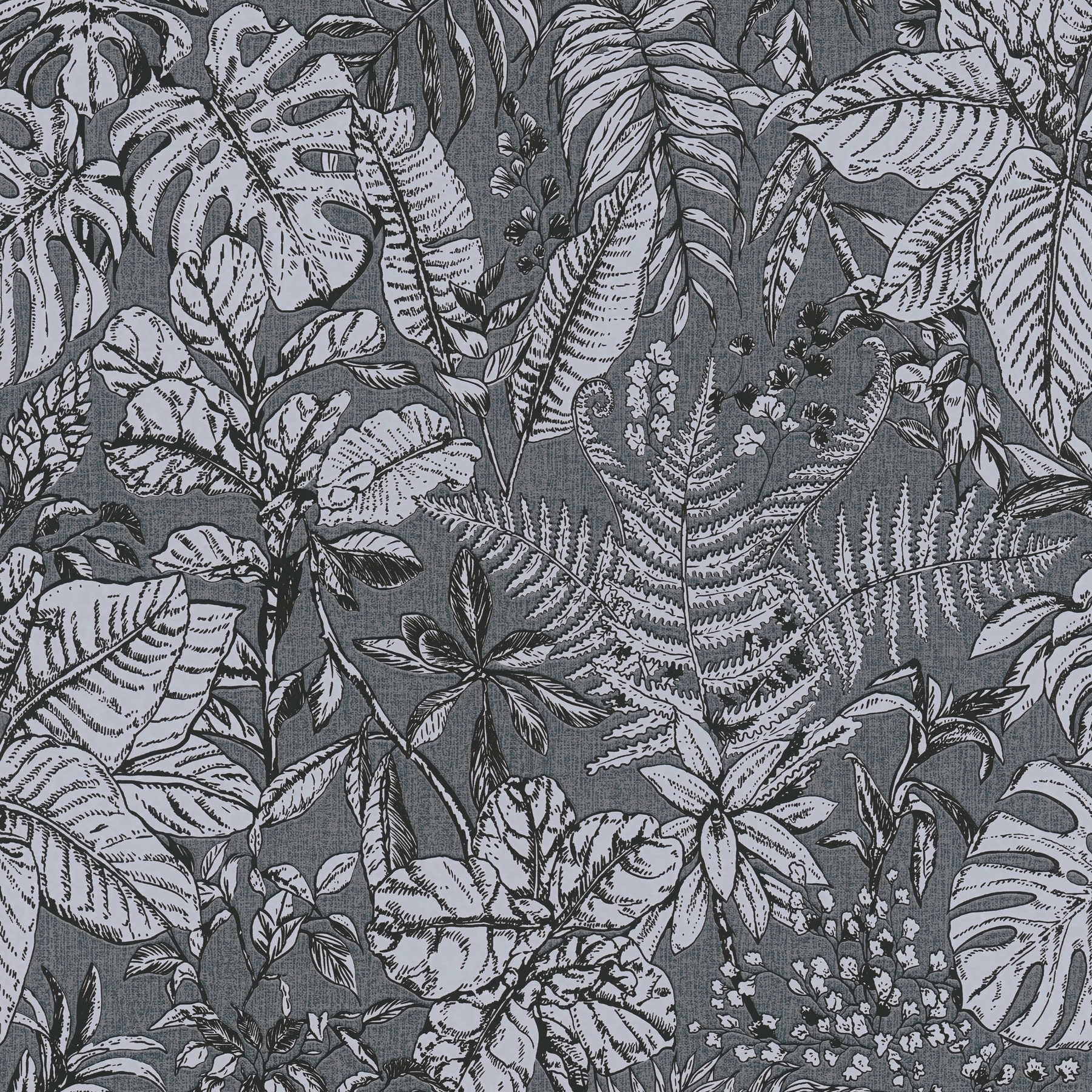Papier peint motif jungle, feuilles de monstera & fougères - gris, blanc
