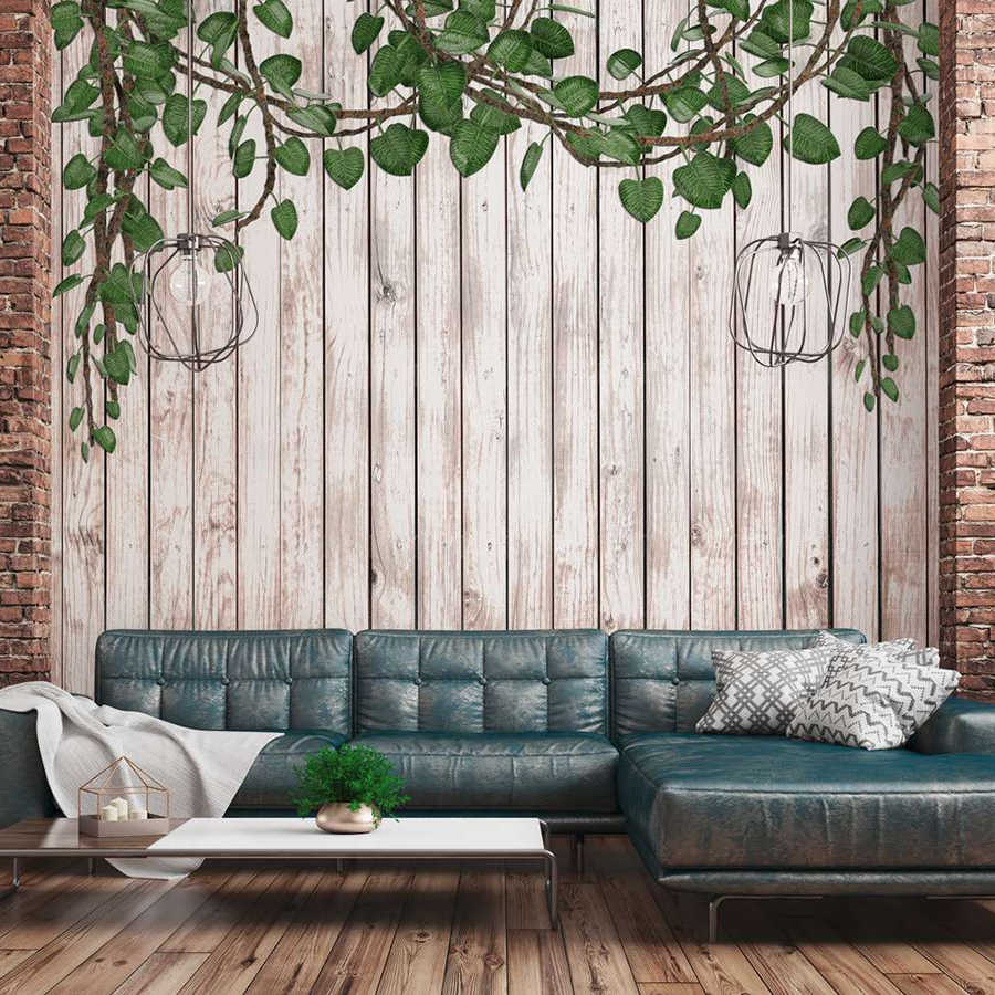 Papier peint mur en bois avec feuilles tombantes nature - vert, beige
