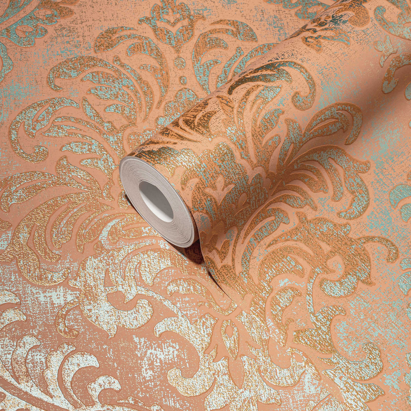             Metallic-look non-woven wallpaper with ornament - orange, pink, turquoise
        