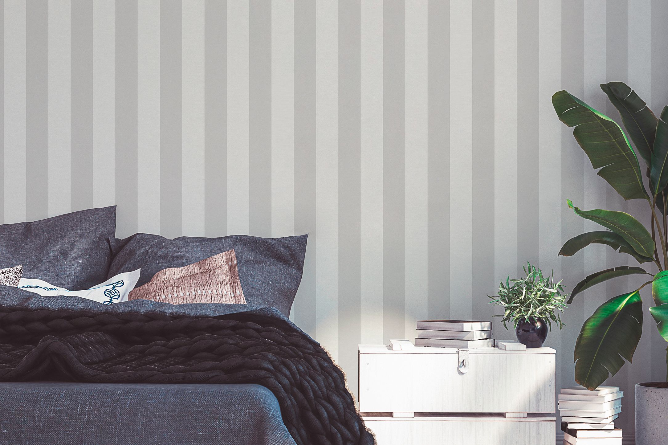 Bedroom wallpaper stripes white and grey