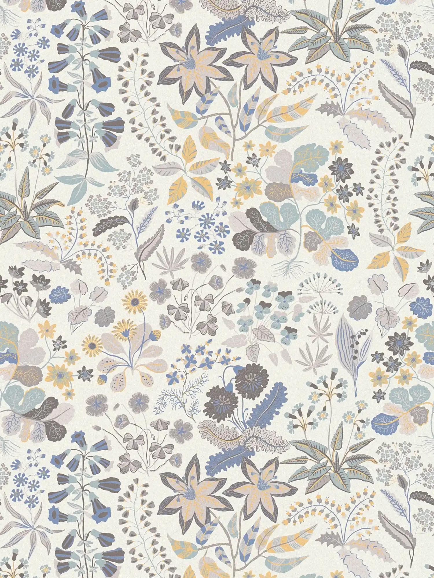 Vliesbehang met gedetailleerd bloemenpatroon - grijs, blauw, crème
