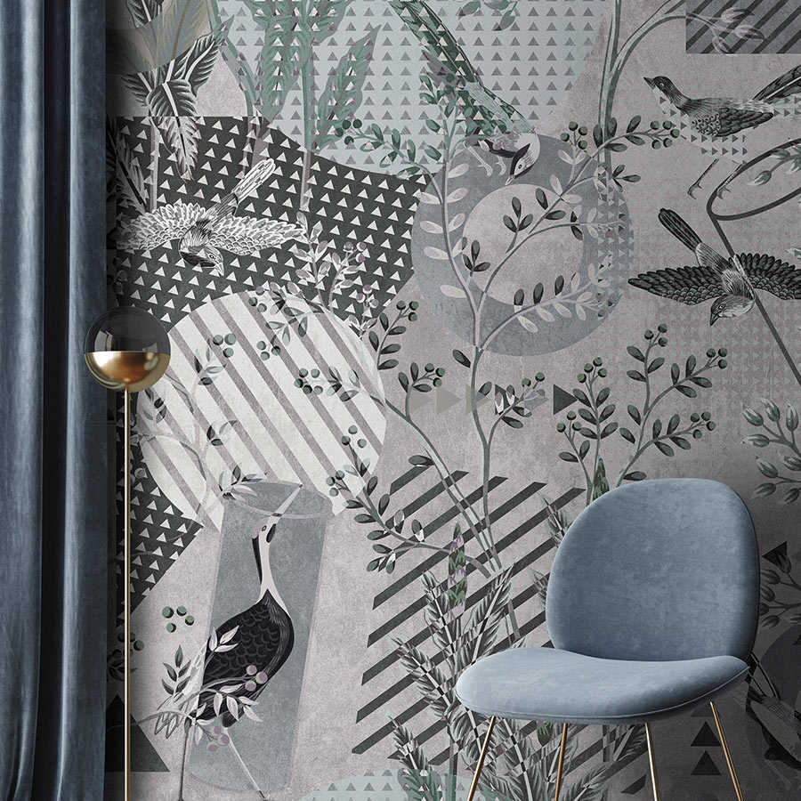 Birds Playgroude 1 - Photo wallpaper grey collage birds & patterns
