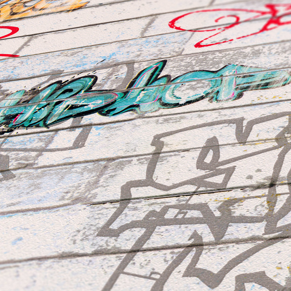             Graffiti Behang met Muur Optiek voor Jeugdkamer - Kleurrijk, Wit
        