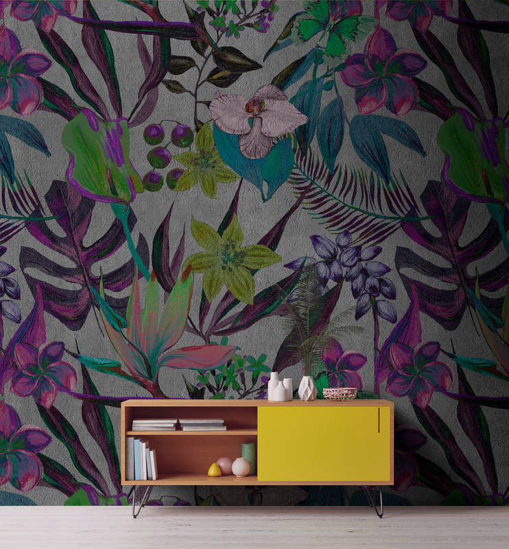             Papier peint jungle avec fleurs et animaux - multicolore, gris
        