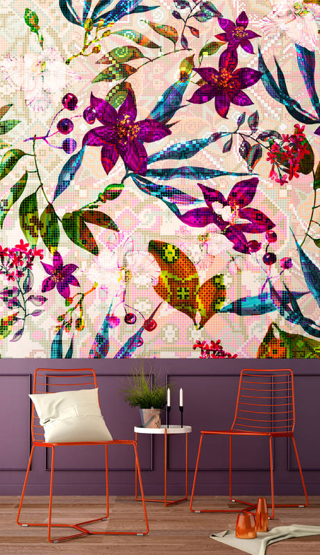            Bloemen Behang met Mosiak Design - Cream, Purple
        