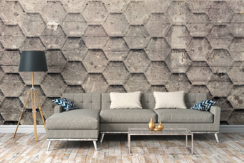             Beton Behang met Geometrisch Honingraat Patroon - Grijs, Beige, Wit
        