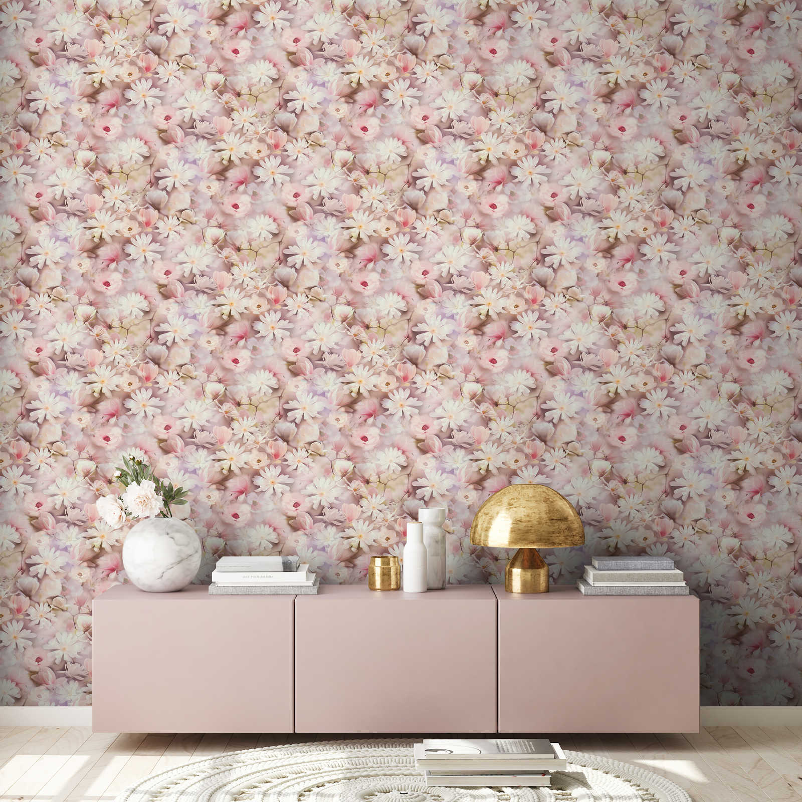             Floral wallpaper collage design in pink and white
        
