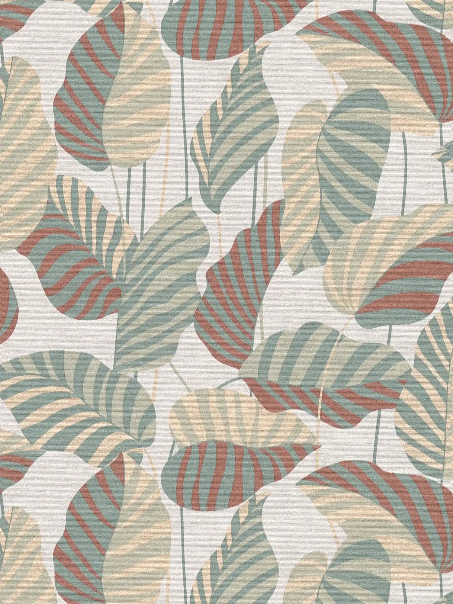 Non-woven wallpaper with large palm leaves in a subtle colour - white, green, orange-red
