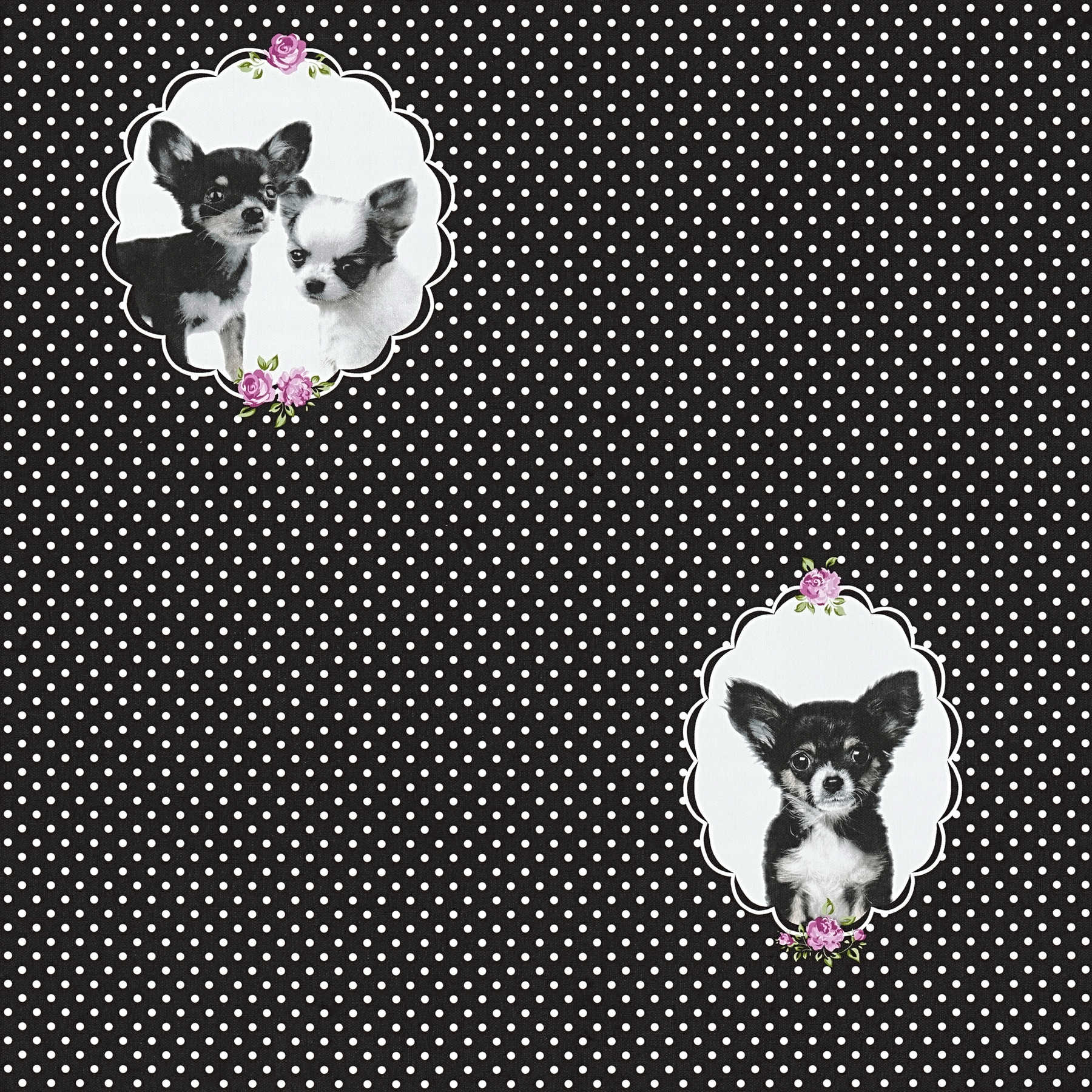 Wallpaper with dots & puppies for Nursery - Black
