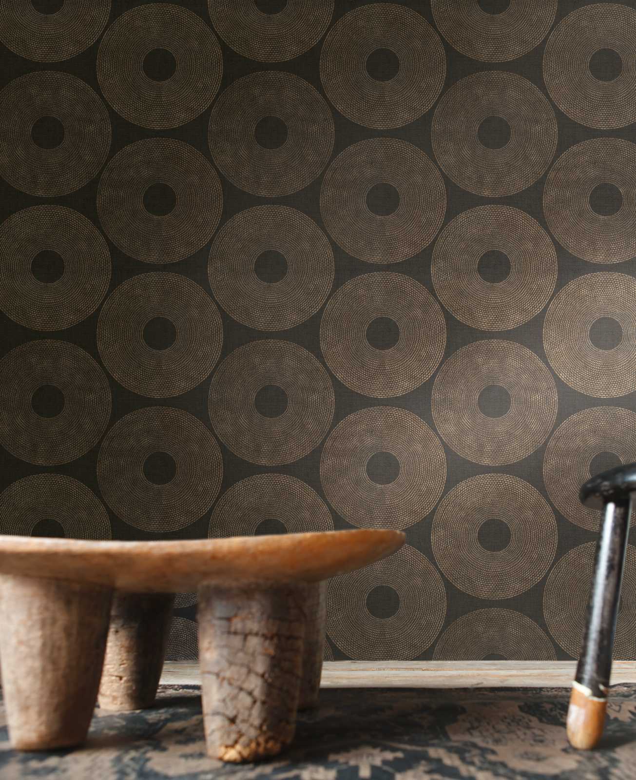             Ethno wallpaper circles with structure design - grey, brown
        