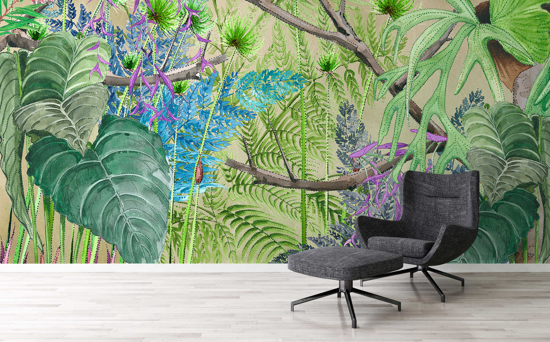             Papier peint panoramique jungle avec des fleurs en bleu et vert sur intissé lisse mat
        