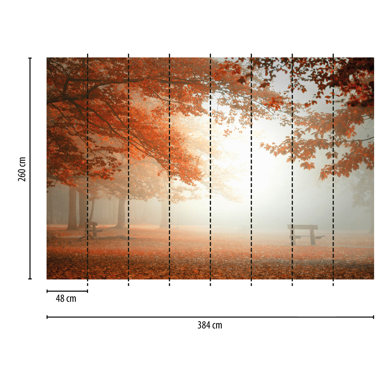             Carta da parati "Foresta d'autunno nella nebbia" - Arancione, rosso, marrone
        