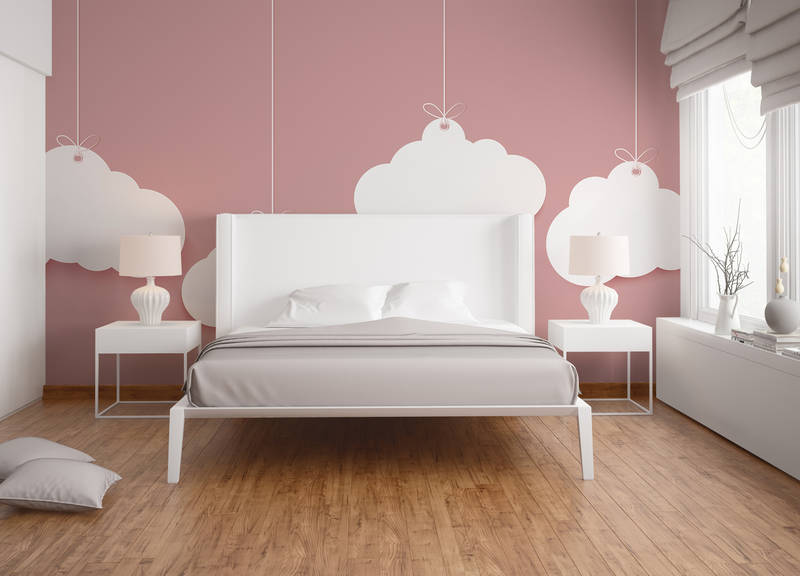             Kids room clouds mural - pink, white
        